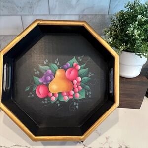 Vintage Tray 90’s wooden hand painted fruit motif tray , signed